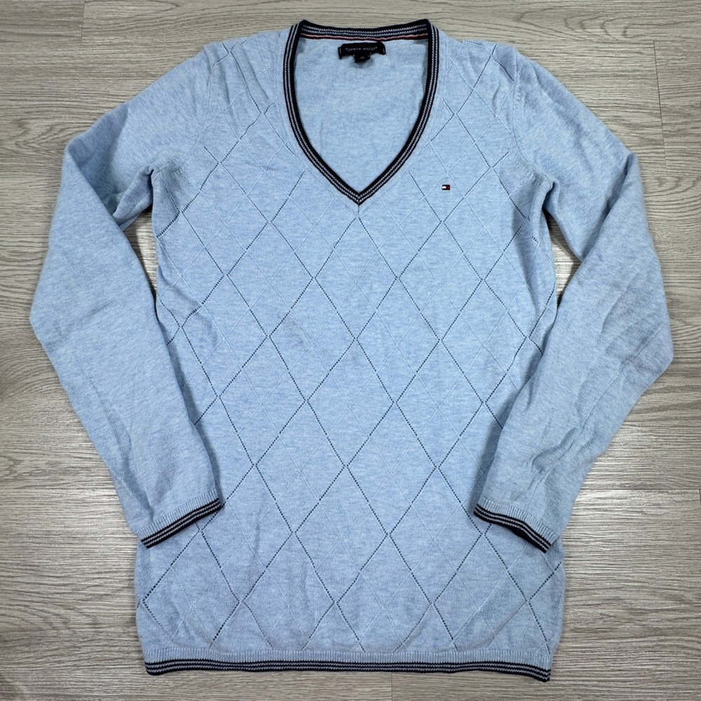 Tommy Hilfiger Women's Sweater Argyle V-Neck Light Blue XS Preppy Long Sleeve